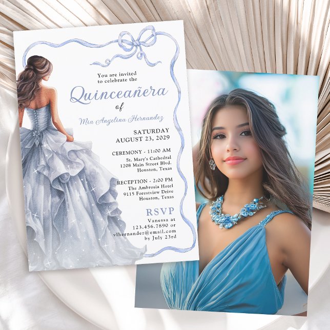 Quinceañera Blue Dress Scalloped Ribbon Bow Photo Inbjudningar (Invitation available in both printed and instant download digital formats.)