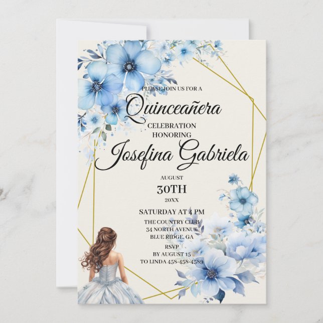 Quinceañera blue floral Invitation Inbjudningar (Framsida)