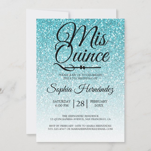 Quinceañera Blue Glitter 15:e födelsedagen Inbjudningar (Framsida)