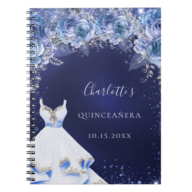 Quinceanera Blue glitter dress blommigt gäst bok Anteckningsbok (Framsidan)