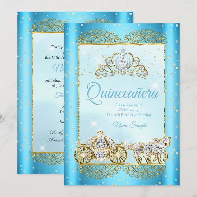Quinceanera Blue Guld farytale Cinderella Inbjudningar (Fram/baksida)