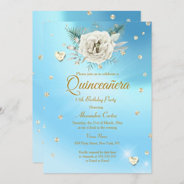 Quinceanera Blue Guld Glitter Ro Blommigt Inbjudningar (Fram/baksida)