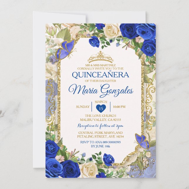 Quinceañera Blue & Guld Krona Mexikanska fjäril Inbjudningar (Framsida)