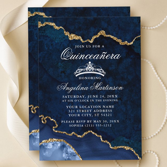 Quinceanera Blue Guld Marble Agate Geode Inbjudningar (Customize to add text or photos to back of card.)