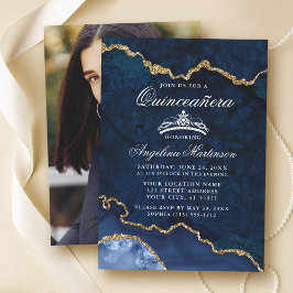 Quinceanera Blue Guld Marble Agate Geode Photo Inbjudningar