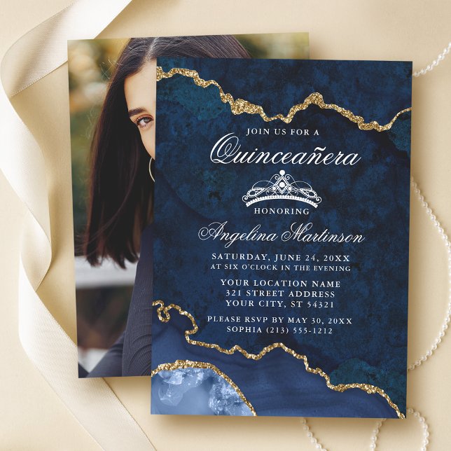Quinceanera Blue Guld Marble Agate Geode Photo Inbjudningar (Customize to change text size or text style.)