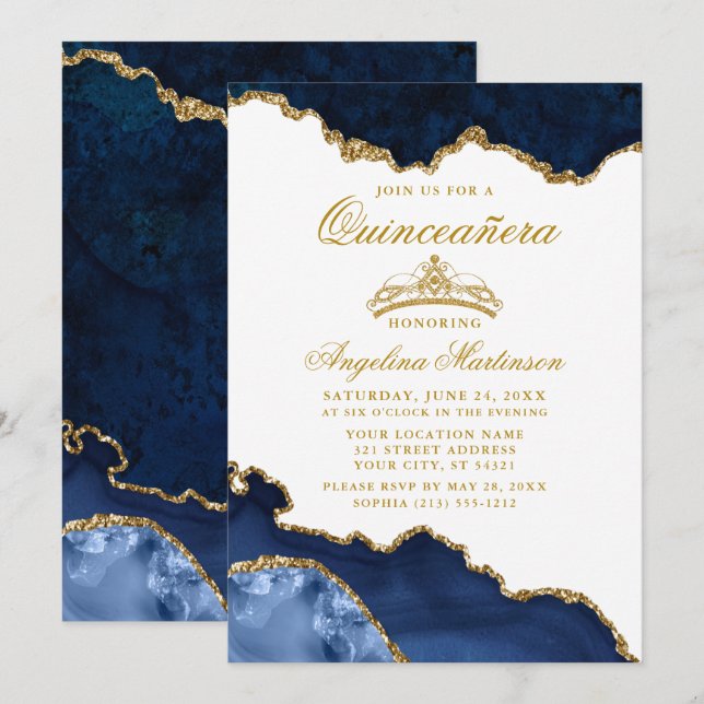Quinceanera Blue Guld Marble Krona-inbjudan Inbjudningar (Fram/baksida)