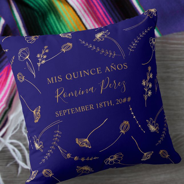 Quinceanera Blue Guld Wildblommis Quince Anos Kudde (Skapare uppladdad)
