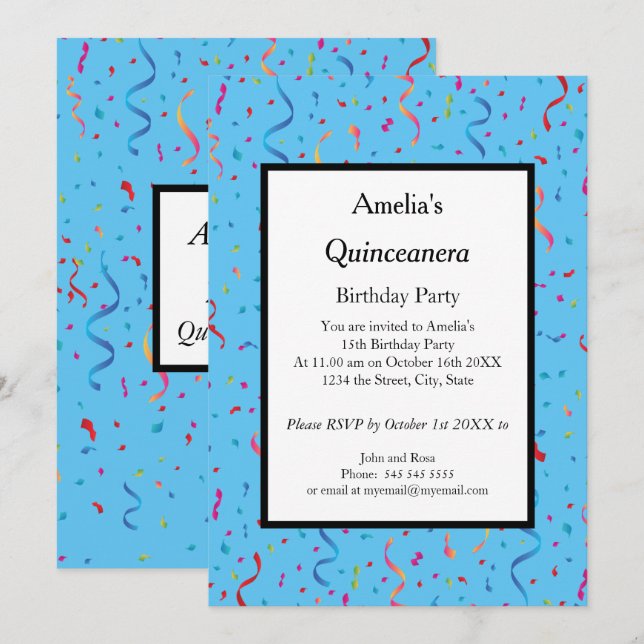 Quinceanera blue konetti födelsedagsfest invitat inbjudningar (Fram/baksida)