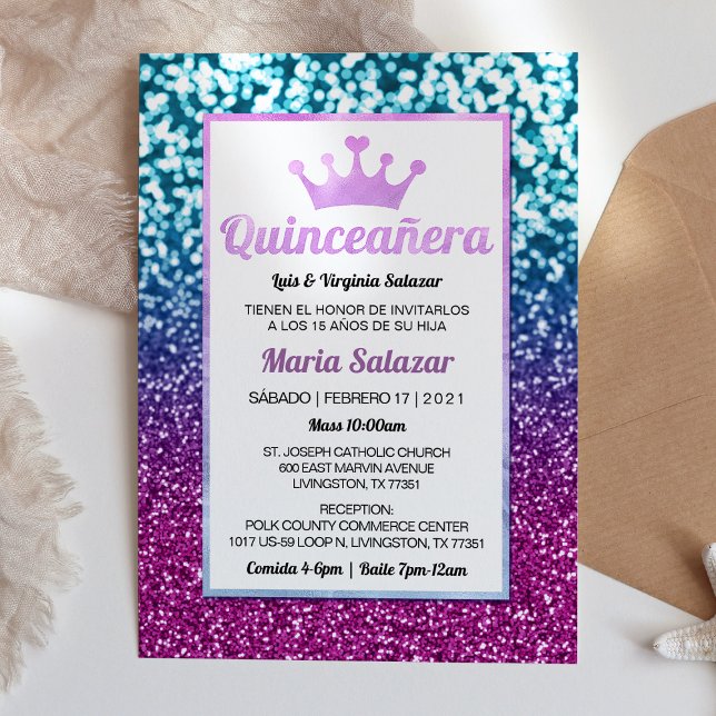 Quinceañera Blue Lila Elegant Spansk inbjudan (Skapare uppladdad)