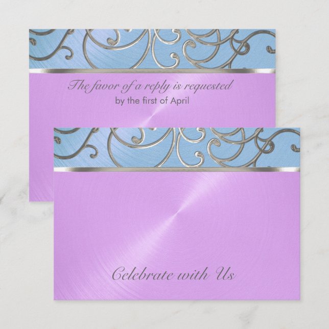 Quinceanera Blue Lila Silver Filigree Swirls Inbjudningar (Fram/baksida)