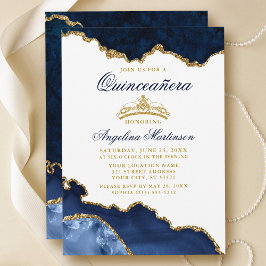 Quinceanera Blue Marble Guld Krona Inbjudningar