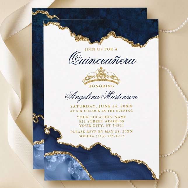 Quinceanera Blue Marble Guld Krona Inbjudningar (Customize to change text size, text color or text style.)