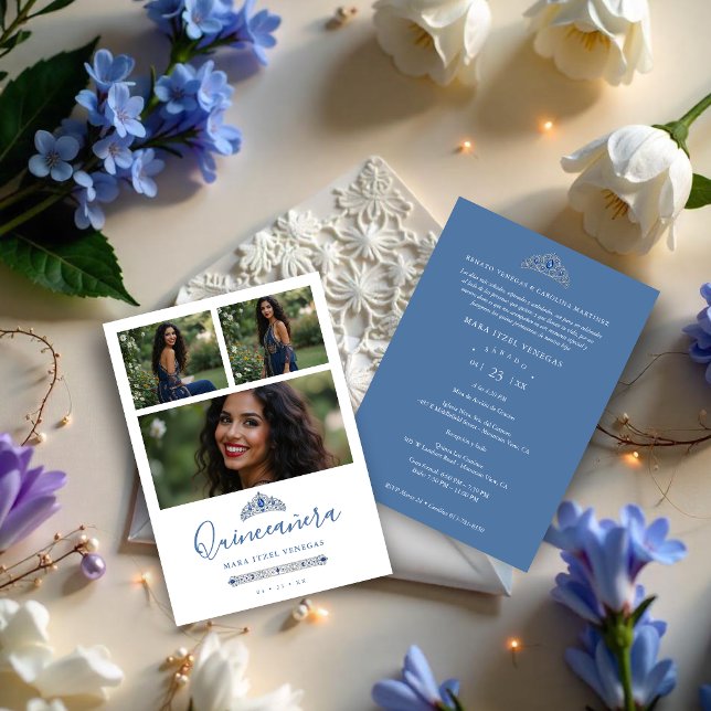 Quinceañera Blue Princess Tiara 3-Photos Spanish Inbjudningar (Sophisticated Blue Princess Quinceañera Tiara 3-Photos Invitation Cards in Spanish.)