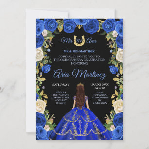 Quinceañera Blue Ro Blommigt Black Ground In Inbjudningar