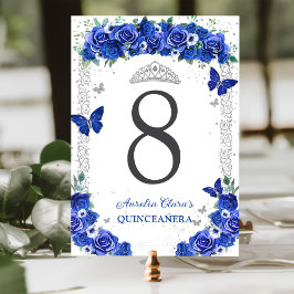 Quinceañera Blue Ro Blommigt Silver Butterflies Bordsnummer