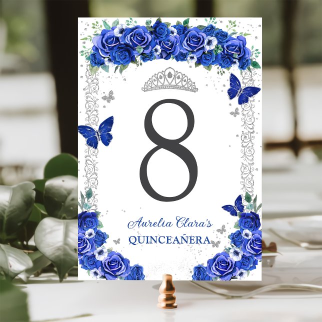 Quinceañera Blue Ro Blommigt Silver Butterflies Bordsnummer (Skapare uppladdad)