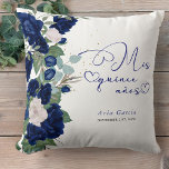 Quinceanera Blue Ro Personlig Mis Quince Anos Kudde<br><div class="desc">Quinceañera-kudden är en vacker keepsaké för att fira den 15:e födelsedagen för en speciell ung kvinna. Den här eleganten har Quinceanera-kudden mörk blått och gräddvita blommor av vintage ro på vit bakgrund med stänk av konetti-punkter från guld. Mis Quince Anos är skriven i calligrafi med kärlek hjärtsnurrar. Mallen är konfigurerad...</div>