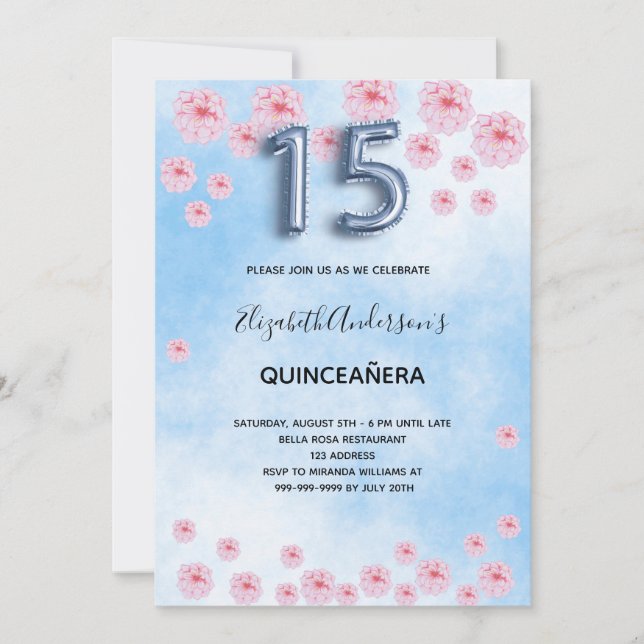 Quinceanera blue rosa-blommigtar inbjudningar (Framsida)
