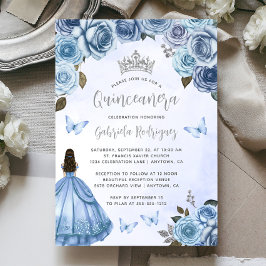 Quinceañera Blue Silver Blommigt Watercolor Inbjudningar