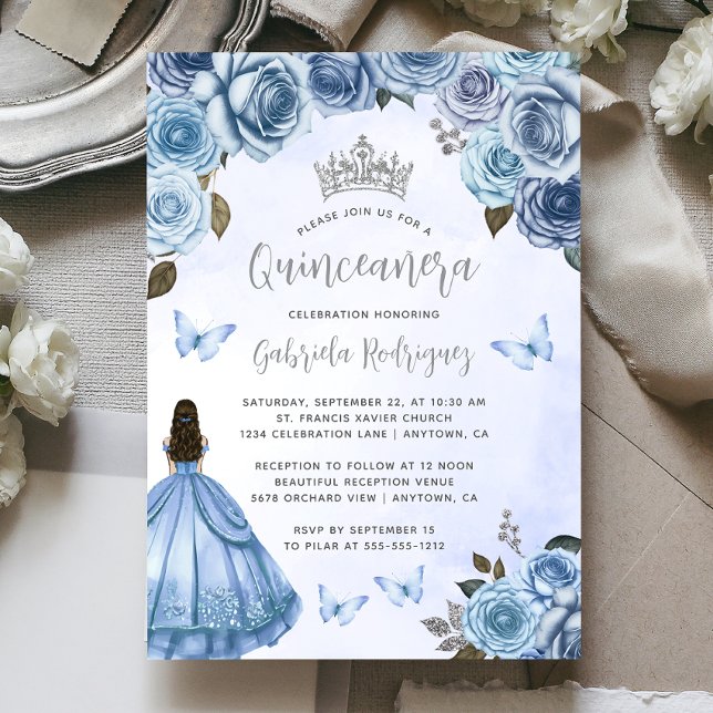 Quinceañera Blue Silver Blommigt Watercolor Inbjudningar (Skapare uppladdad)