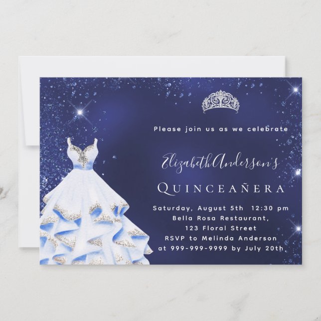 Quinceanera blue silver glitter dress tiara inbjudningar (Framsida)