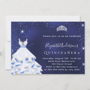 Quinceanera blue silver glitter dress tiara inbjudningar