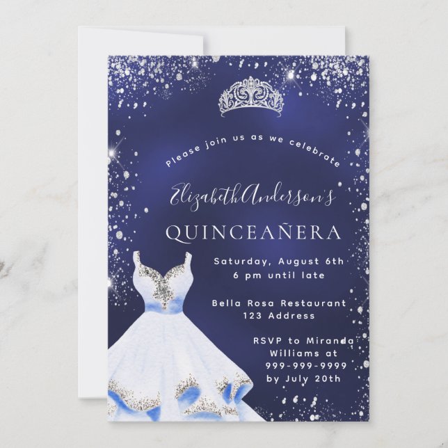 Quinceanera blue silver glitter dress tiara inbjudningar (Framsida)