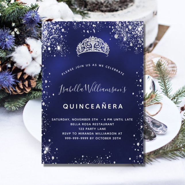 Quinceanera blue silver glitter stofttiara krona inbjudningar (Skapare uppladdad)