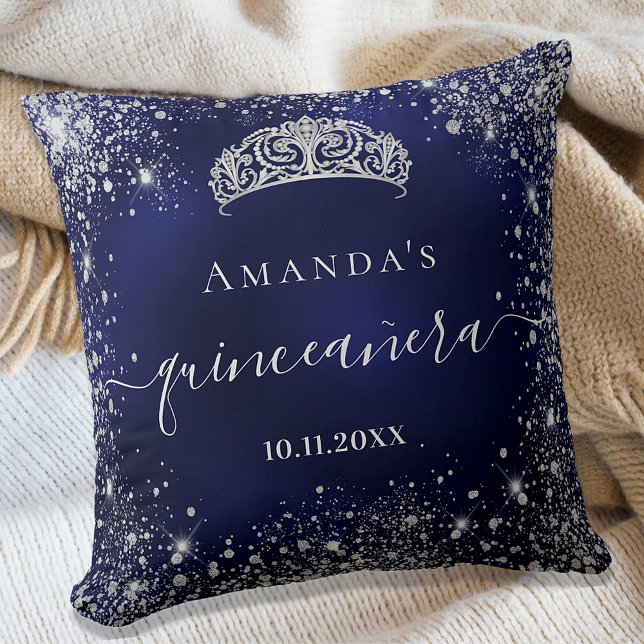 Quinceanera blue silver glitter tiara namn kudde (Skapare uppladdad)