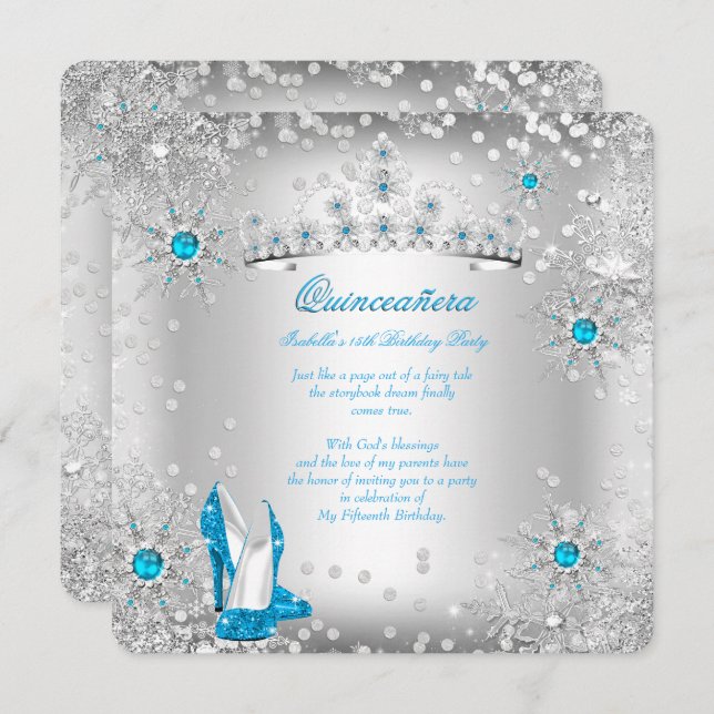 Quinceanera Blue Silver Winter Wonderland Inbjudningar (Fram/baksida)