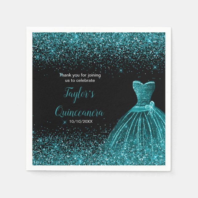 Quinceanera Blue Teal Faux Glitter Pappersservett (Framsidan)