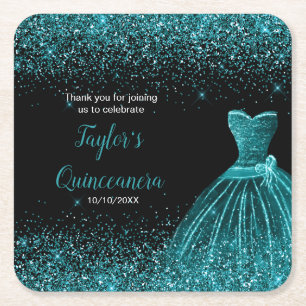 Quinceanera Blue Teal Faux Glitter Underlägg Papper Kvadrat