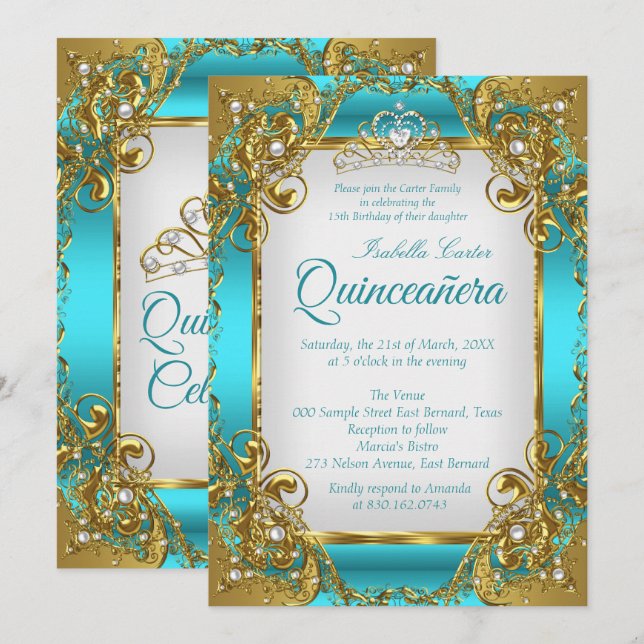 Quinceanera Blue Teal Golden Pearl Tiara Party Inbjudningar (Fram/baksida)