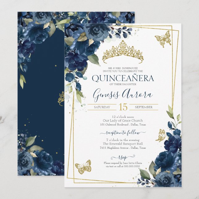 Quinceañera Blue Watercolor Blommigt Guld Butterfl Inbjudningar (Fram/baksida)