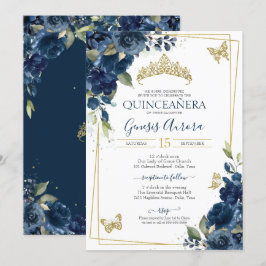 Quinceañera Blue Watercolor Blommigt Guld Butterfl Inbjudningar