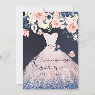 Quinceanera Blush Blommig Glitterklänning Blå Mari Inbjudningar