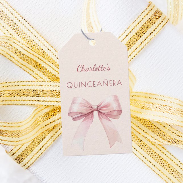 Quinceanera blush pink bow ivory DIY Presentetikett (Skapare uppladdad)