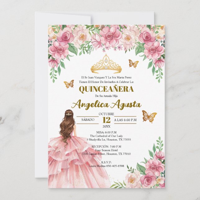 Quinceañera Blush Pink Floral Princess Spanish Inbjudningar (Framsida)