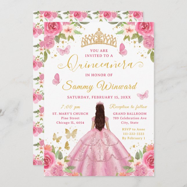 Quinceañera Blush Pink Princess Brunette Girl Inbjudningar (Fram/baksida)