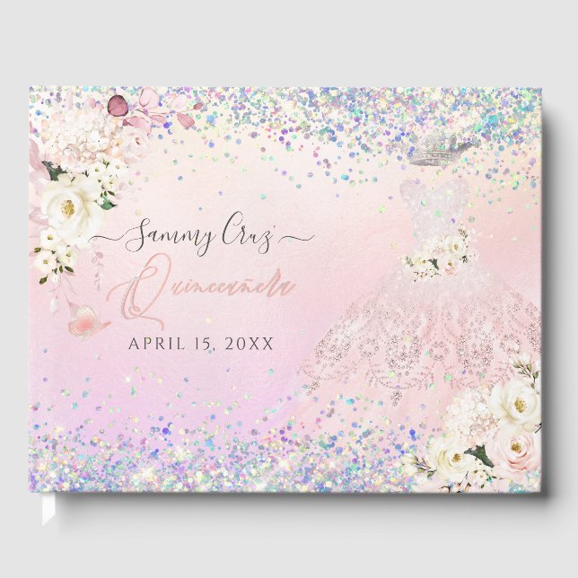 Quinceanera Blush Princess Glitter Klänning Konfet Gästböcker (Framsida)