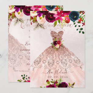 Quinceañera, Boho Blommig Glänsande Klänning Rose Inbjudningar