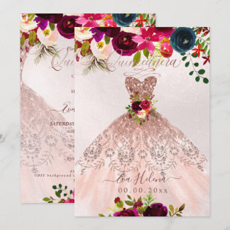 Quinceañera, Boho Blommig Glänsande Klänning Rose Inbjudningar