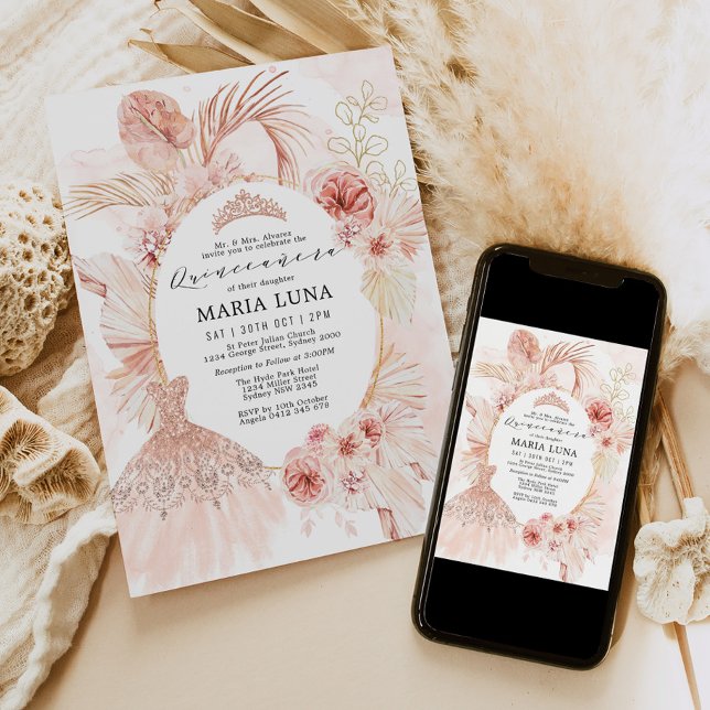 Quinceañera  Boho Blommigt Pampas Grass Dress Inbjudningar (Skapare uppladdad)