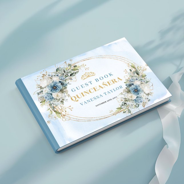 Quinceañera Boho Gästbok Blekgul Guldblad (Quinceañera Boho Guest Book Pale Blue Gold Leaves)