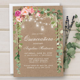 Quinceanera Botanias Grönt Rosa Blommigt Wood Kraf Inbjudningar