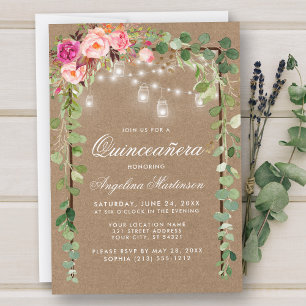 Quinceanera Botanias Grönt Rosa Blommigt Wood Kraf Inbjudningar