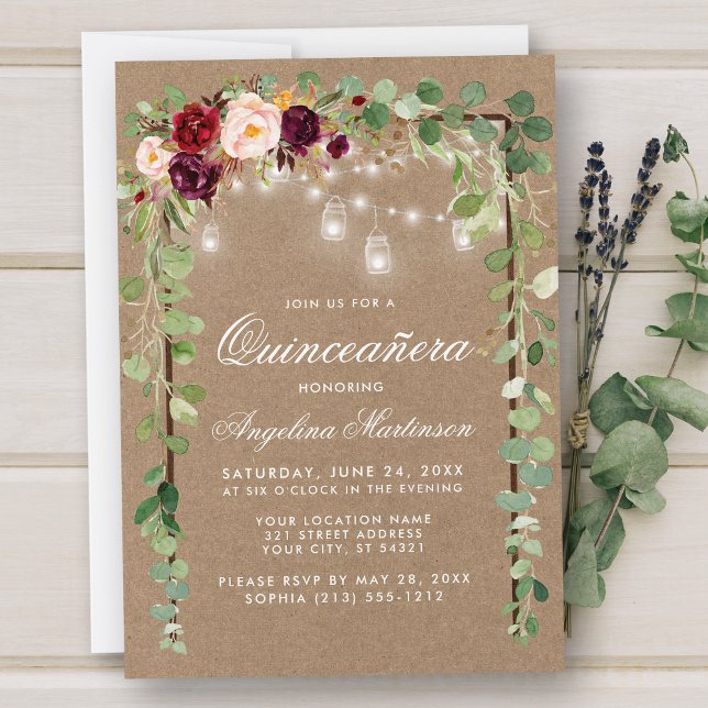 Quinceanera Botanical Grönt Wood Blommigt Kraft Inbjudningar (Customize to add more text or photos to back of card.)