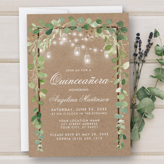 Quinceanera Botaniska Grönten Wood Ram Kraft Inbjudningar (Customize to add more text or photos to back of card.)