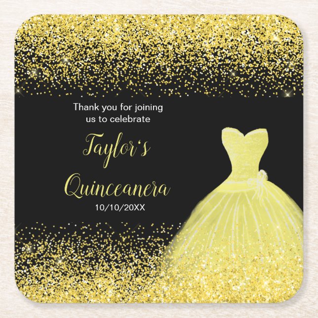 Quinceanera Bright Gult Faux Glitter Underlägg Papper Kvadrat (Framsidan)
